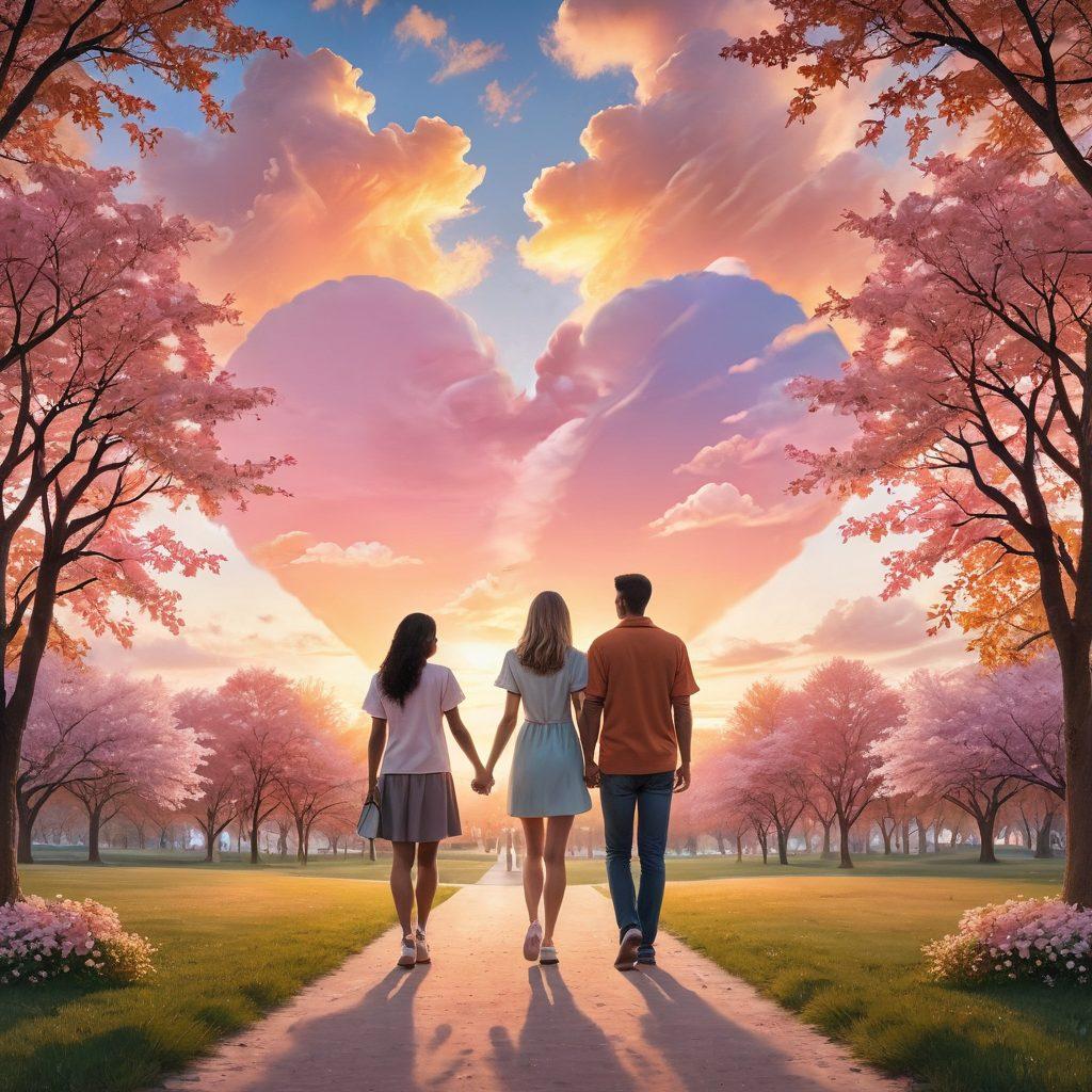 A warm scene depicting a couple holding hands, surrounded by heart-shaped clouds representing emotional bonds, while insurance policy documents float gently in the background symbolizing protection. Soft pastel colors, a cozy park setting, and a glowing sunset to evoke warmth and security. charming illustration. vibrant colors. soft focus.