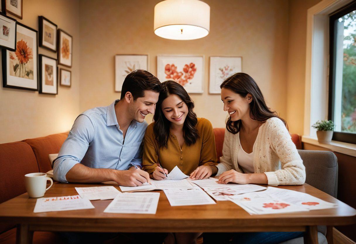 A couple sharing a joyful moment while reviewing insurance documents together, surrounded by heart-shaped icons and inspiring quotes on the walls. The warmth of affection is depicted with soft lighting and a cozy atmosphere. Include symbols of smart financial choices like calculators and growth graphs intertwined with romantic elements like flowers and hearts. super-realistic. warm colors. cozy interior.